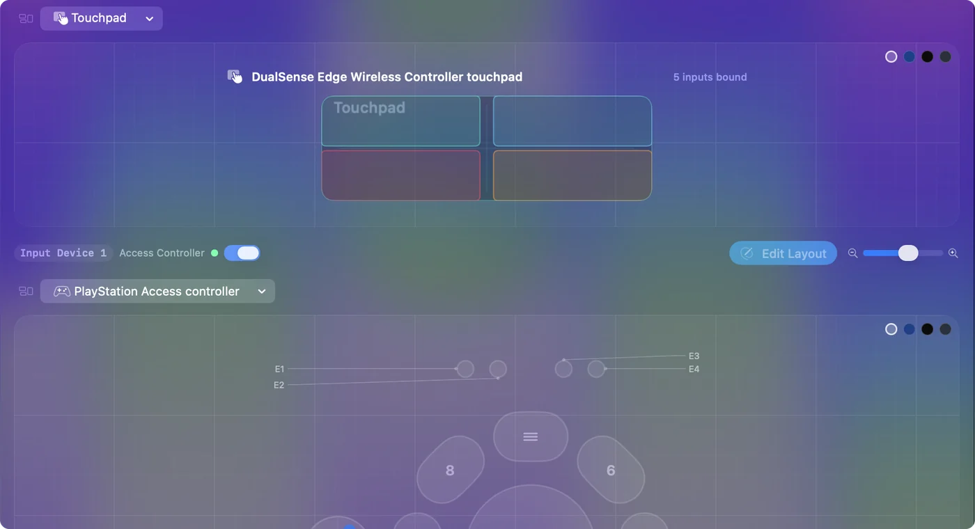 The InputConfig Live Visualizer showing the PS5 touchpad split into four zones named Undo, Redo, Copy and Paste, with a finger lighting one of them.