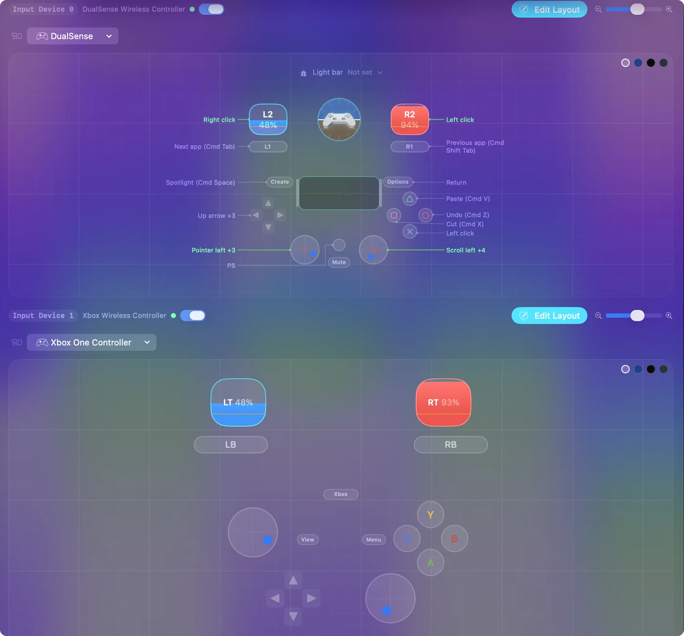 Live Visualizer ของ InputConfig ที่มีสองแผงเคียงกัน DualSense ที่ติดป้ายช่อง 0 และจอย Xbox ที่ติดป้ายช่อง 1