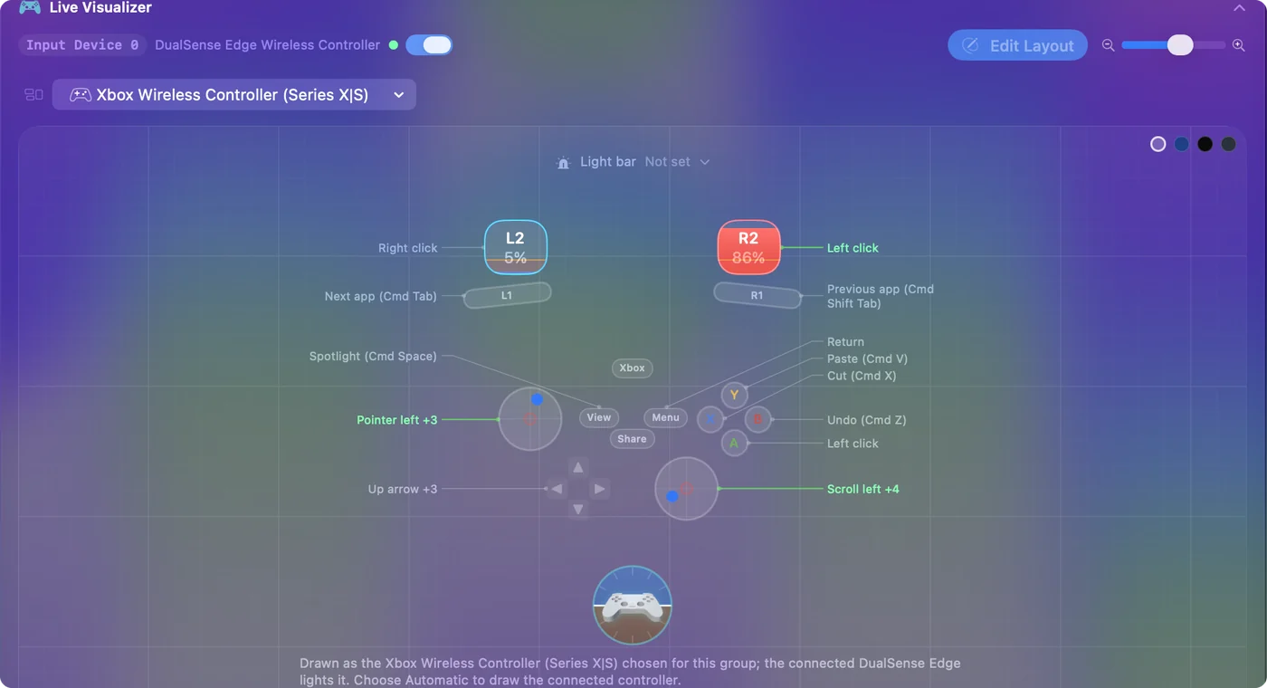 الإعداد المسبق Desktop Navigation في InputConfig مرسومًا على يد Xbox Series، مع RT كنقرة يسرى وLT كنقرة يمنى وView كـ Spotlight وMenu كـ Return.