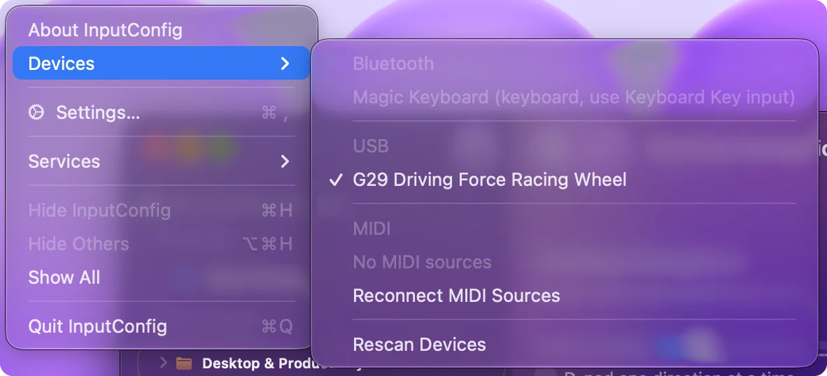 El menú Devices de InputConfig con un volante de carreras USB listado con una marca, lo que indica que la app lo está leyendo.