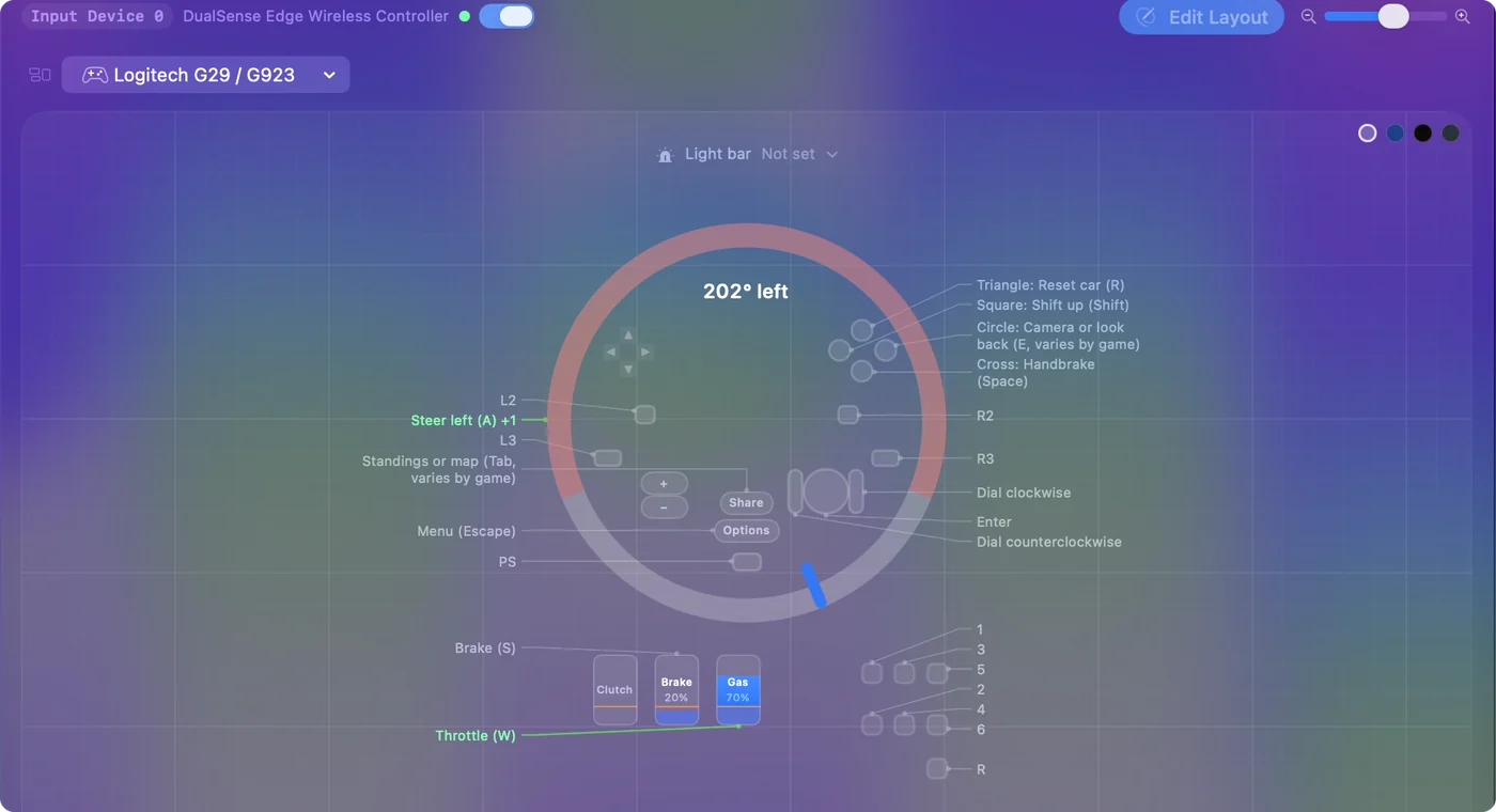 InputConfig's Live Visualizer drawing a Logitech G29 wheel turned 135 degrees right, with the gas pedal partly pressed.