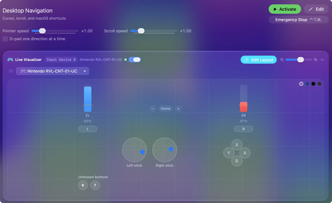 El Live Visualizer de InputConfig con el preset Desktop Navigation y el Wii Remote en un DolphinBar conectado, con sus controles pulsados iluminados.