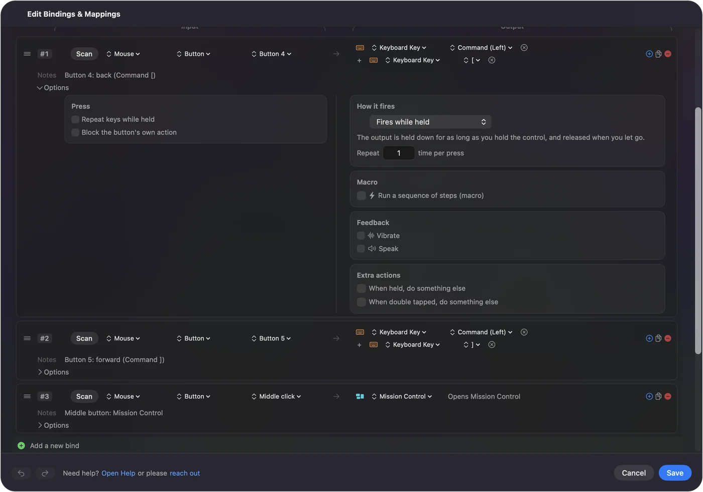 صف في محرر InputConfig وخياراته مفتوحة: الزر 4 يرسل Command مع القوس المربع الأيسر، والزر 5 يرسل Command مع القوس المربع الأيمن، والزر الأوسط يفتح Mission Control.
