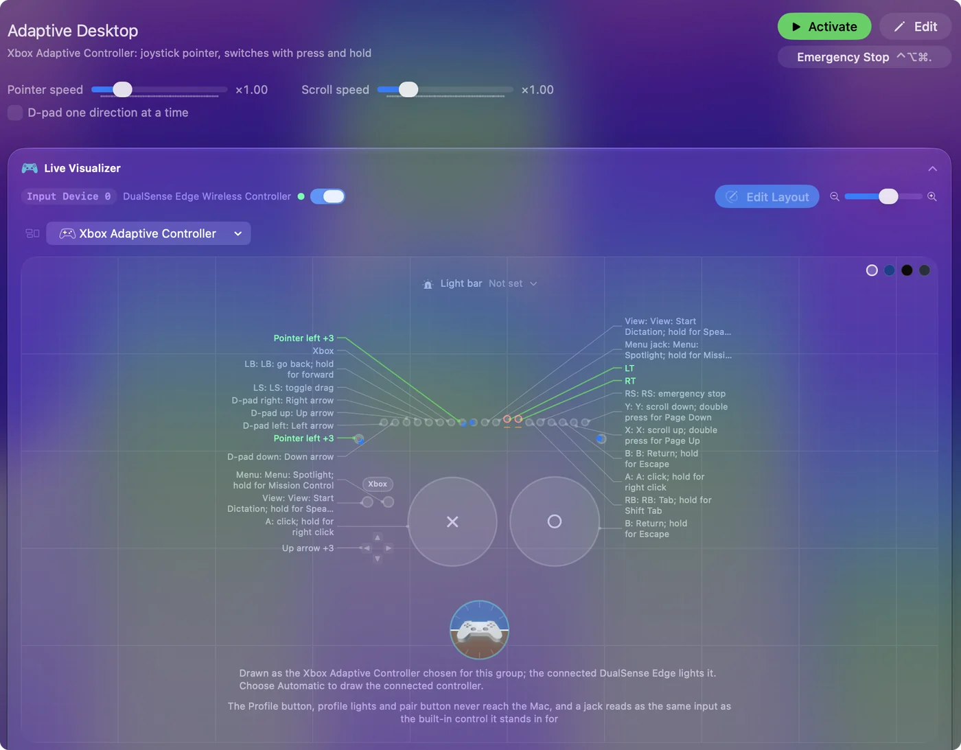 Dibujo del Xbox Adaptive Controller con sus dos botones grandes, la cruceta y una fila de conectores de 3,5 mm.
