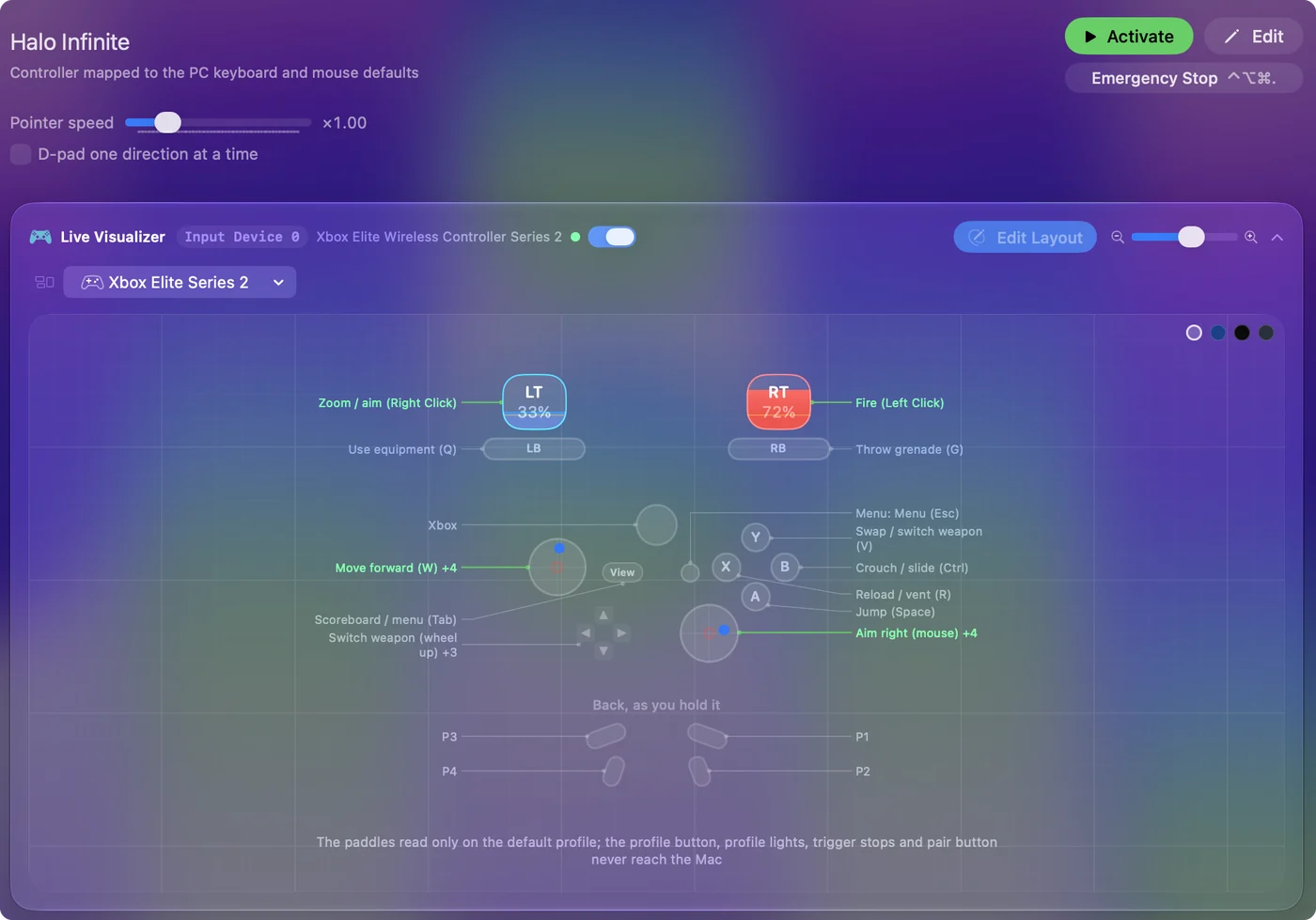 Das Tastaturlayout eines Spiels, auf einem Controller im Live Visualizer von InputConfig gezeichnet.