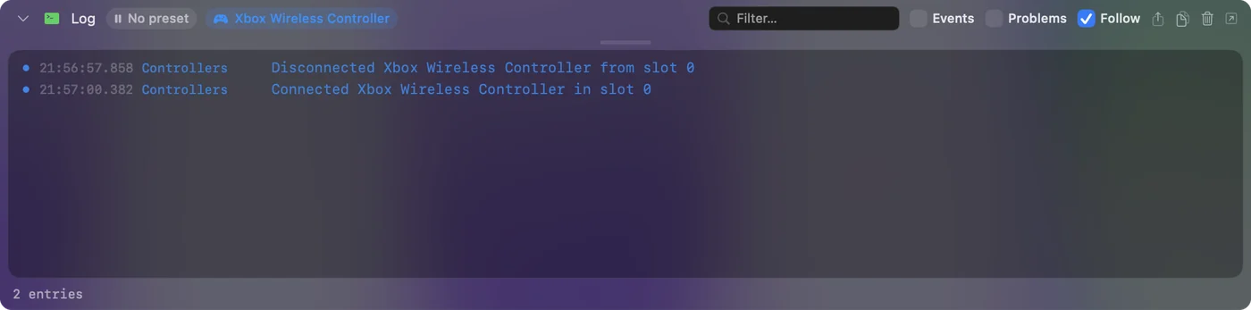 Il registro attività di InputConfig che elenca un Xbox Wireless Controller che si disconnette dallo slot 0 e si ricollega secondi dopo.