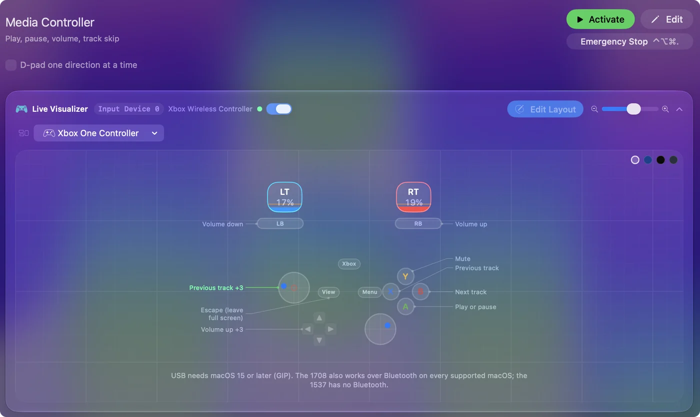 Live Visualizer của InputConfig với preset Desktop Navigation và tay cầm Xbox Wireless được kết nối, các điều khiển đang nhấn được làm sáng.
