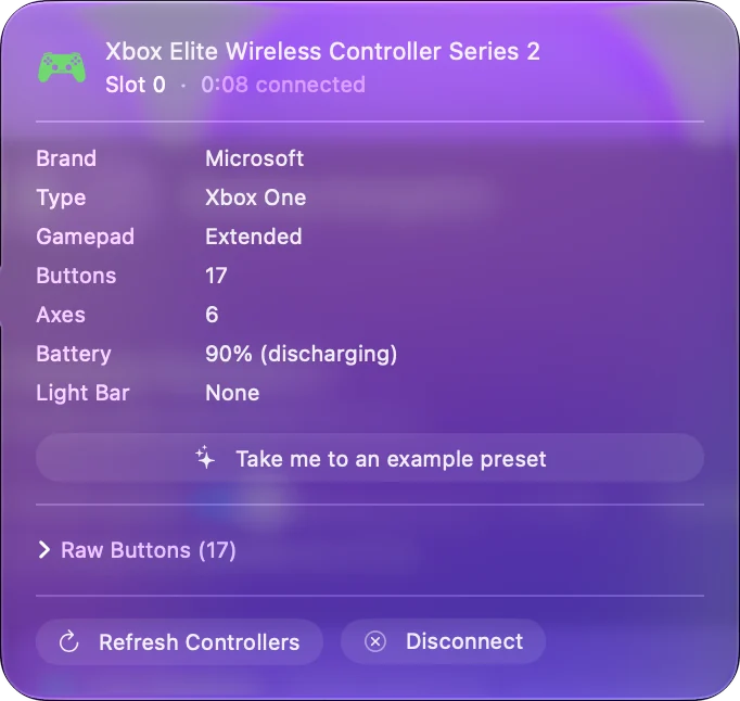 النافذة المنبثقة لذراع Xbox Elite Series 2 في أعلى الشريط الجانبي في InputConfig، وتسرد العلامة التجارية والنوع والأزرار والمحاور والبطارية، مع زري تحديث الأذرع وفصل الاتصال.