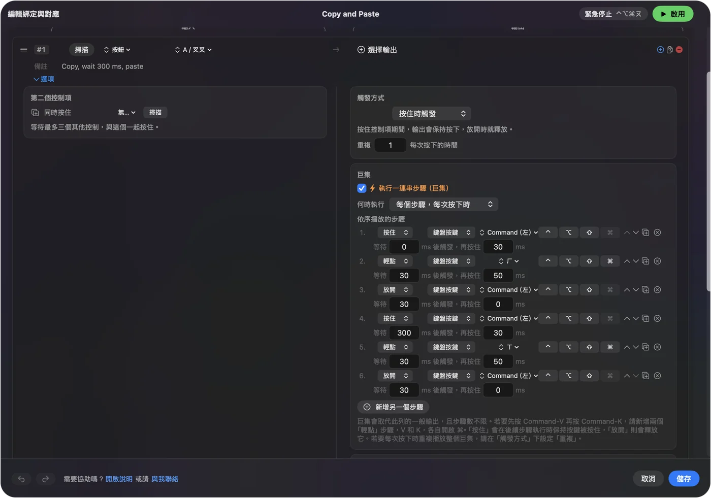 某一列 Options 裡的巨集步驟：按住 Command、點按 C、放開、等待 300 毫秒，然後按住 Command、點按 V 並放開。