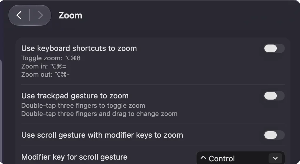System Settings, Accessibility, Zoom, with Use keyboard shortcuts to zoom switched on.