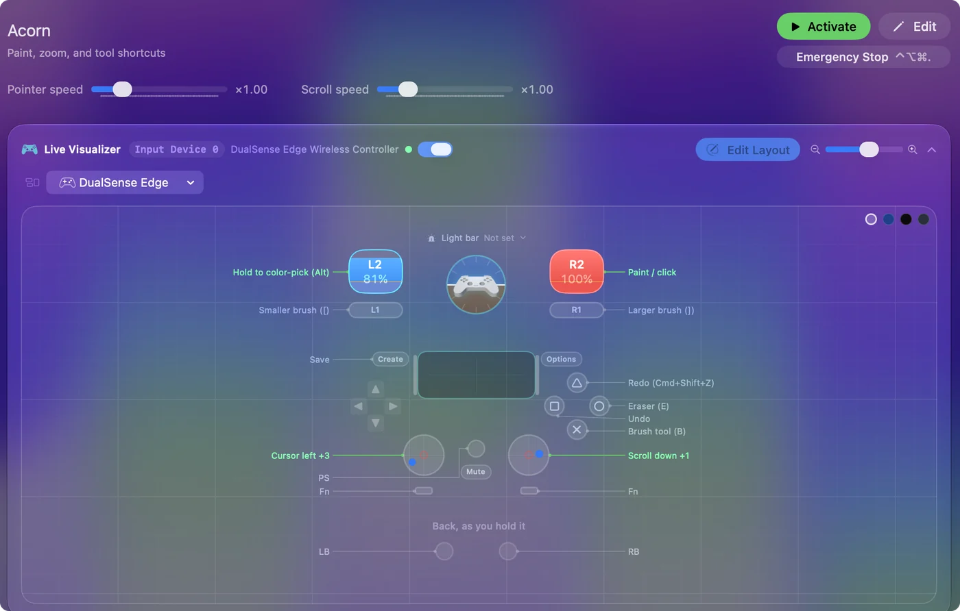 The Acorn preset in InputConfig, drawn on a DualSense Edge with each control labeled with the key or action it sends.