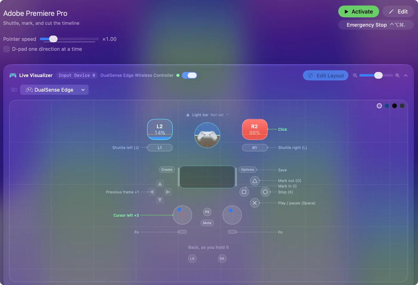 The Adobe Premiere Pro preset in InputConfig, drawn on a DualSense Edge with each control labeled with the key or action it sends.
