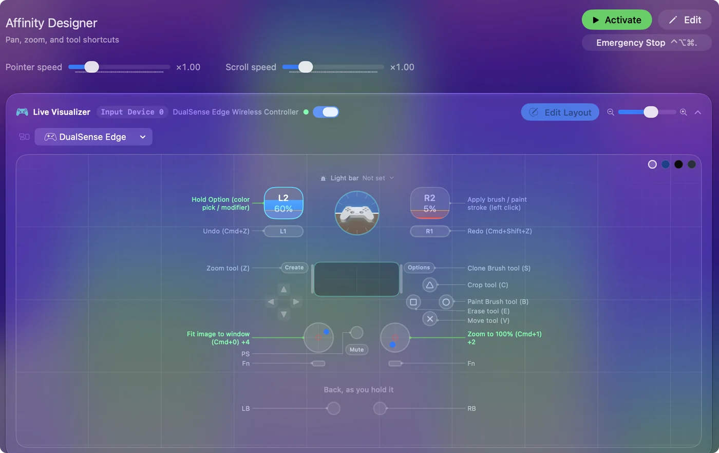 The Affinity Designer preset in InputConfig, drawn on a DualSense Edge with each control labeled with the key or action it sends.