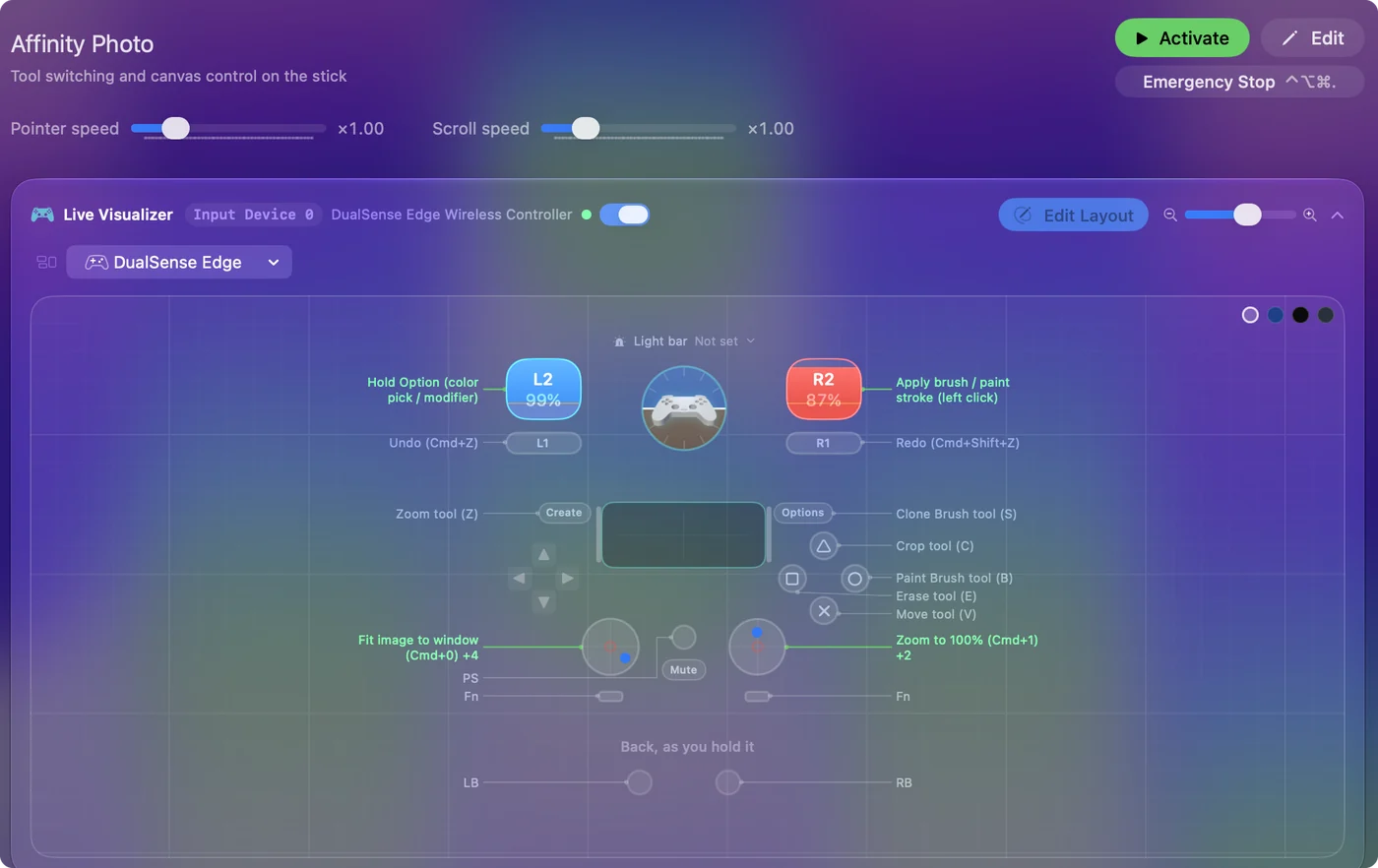 The Affinity Photo preset in InputConfig, drawn on a DualSense Edge with each control labeled with the key or action it sends.