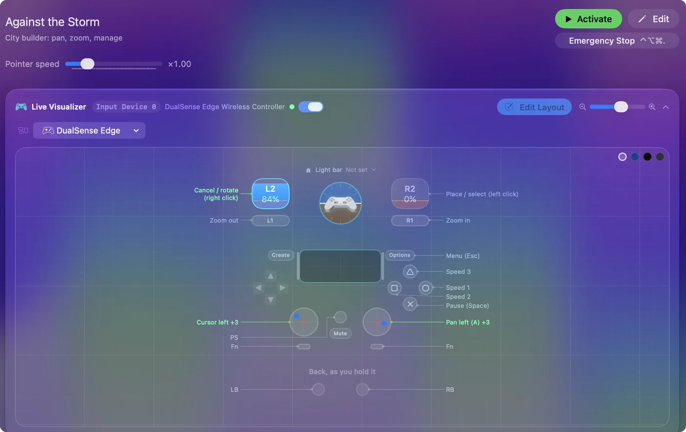 The Against the Storm preset in InputConfig, drawn on a DualSense Edge with each control labeled with the key or action it sends.