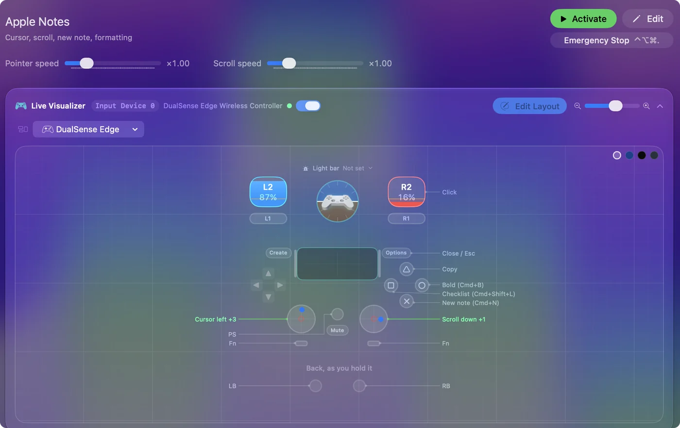 The Apple Notes preset in InputConfig, drawn on a DualSense Edge with each control labeled with the key or action it sends.