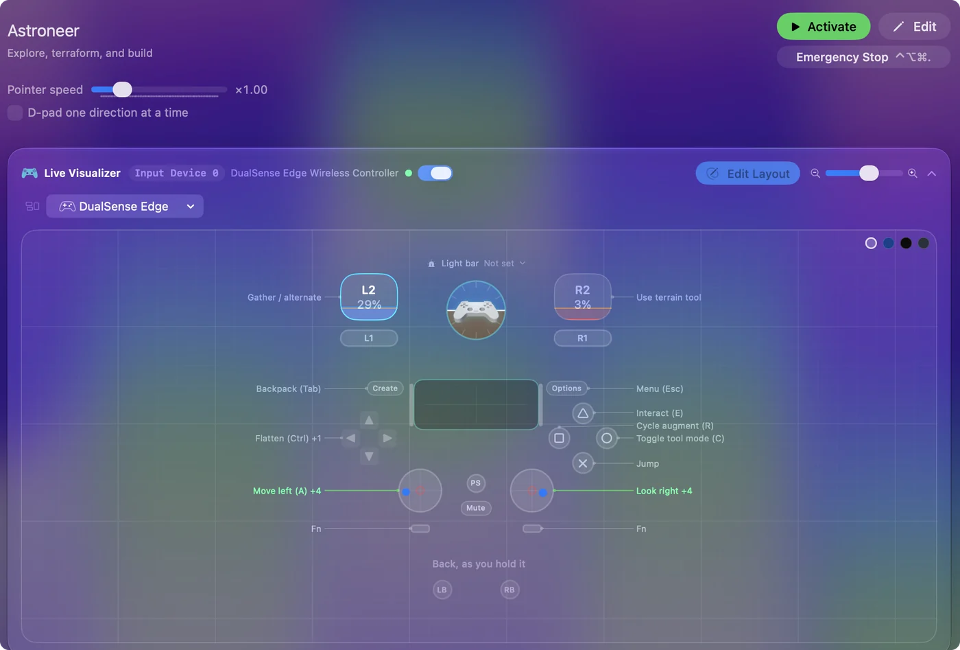 The Astroneer preset in InputConfig, drawn on a DualSense Edge with each control labeled with the key or action it sends.