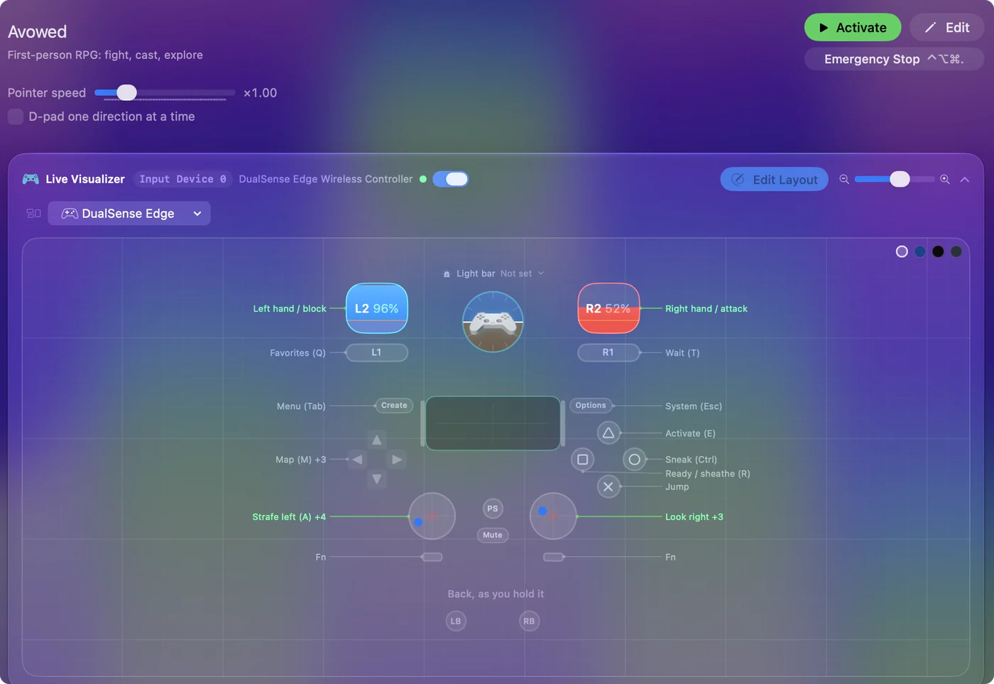 The Avowed preset in InputConfig, drawn on a DualSense Edge with each control labeled with the key or action it sends.