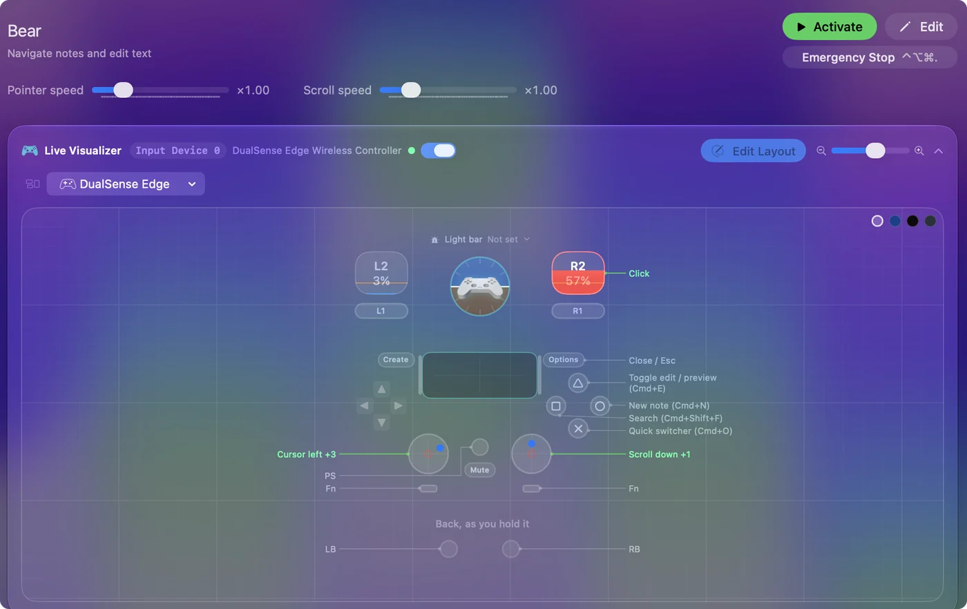 The Bear preset in InputConfig, drawn on a DualSense Edge with each control labeled with the key or action it sends.