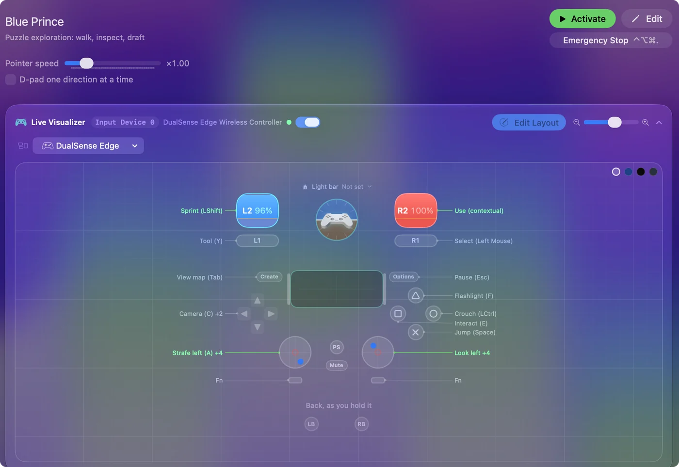 The Blue Prince preset in InputConfig, drawn on a DualSense Edge with each control labeled with the key or action it sends.