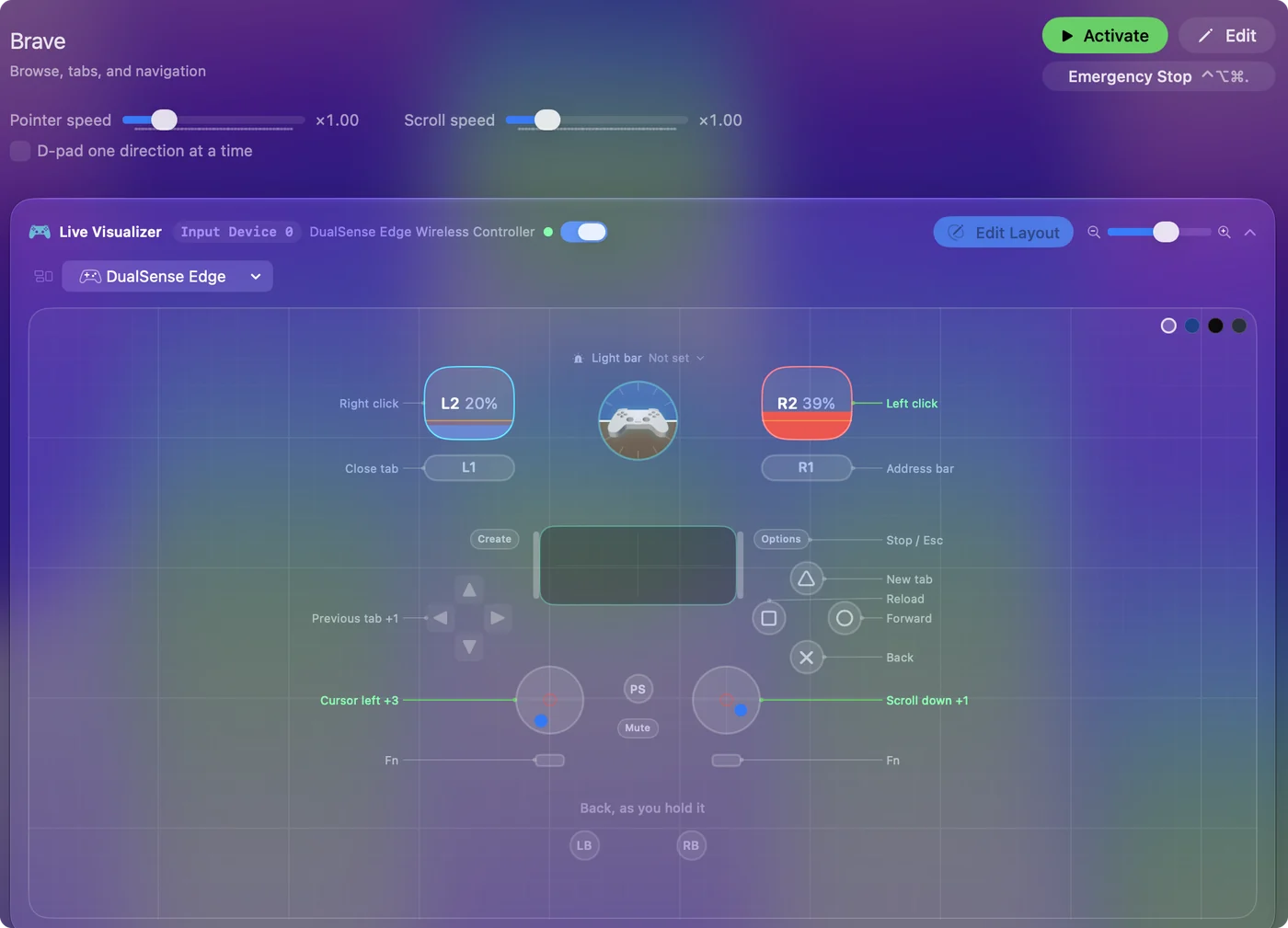 The Brave preset in InputConfig, drawn on a DualSense Edge with each control labeled with the key or action it sends.