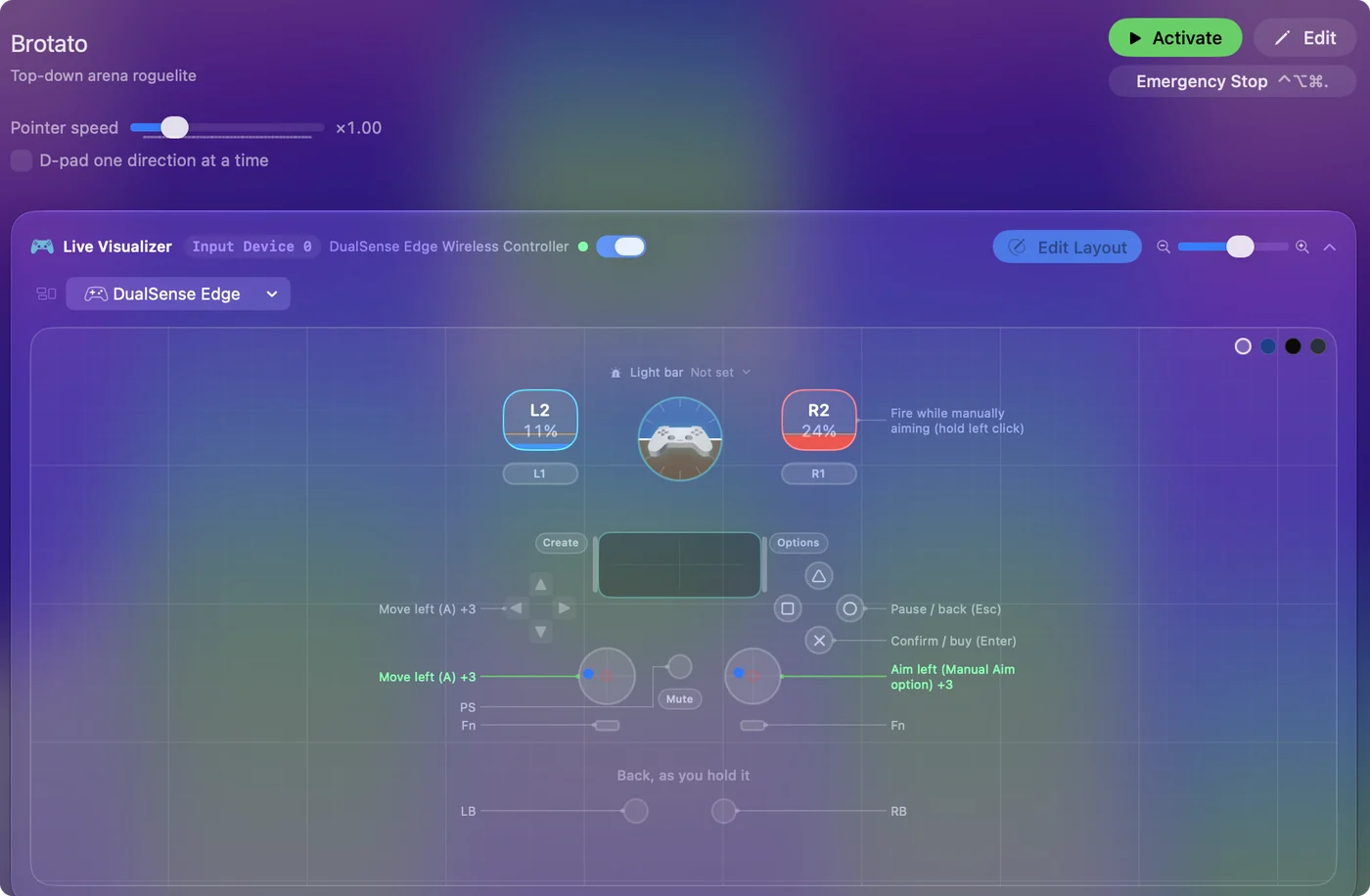 The Brotato preset in InputConfig, drawn on a DualSense Edge with each control labeled with the key or action it sends.