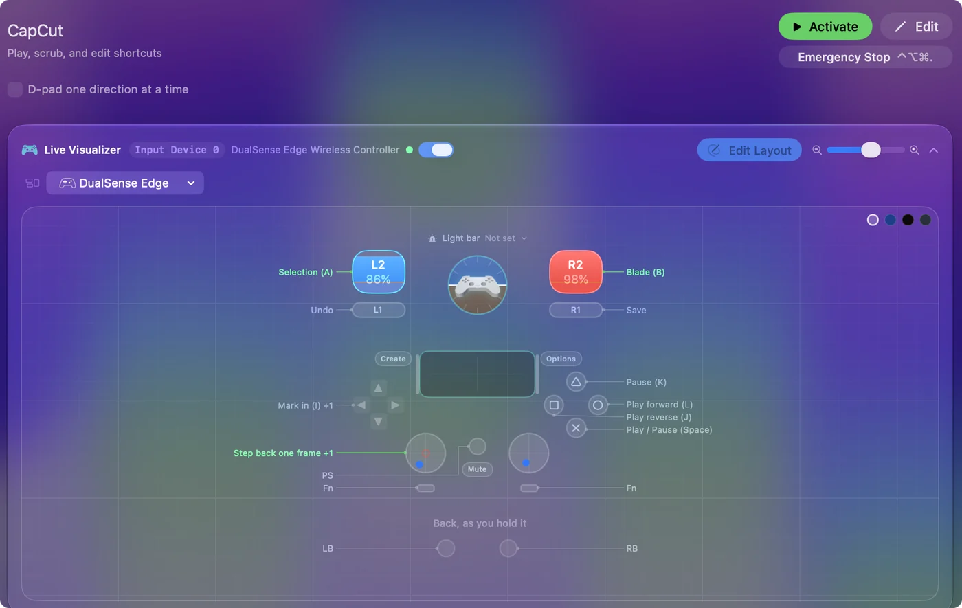 The CapCut preset in InputConfig, drawn on a DualSense Edge with each control labeled with the key or action it sends.