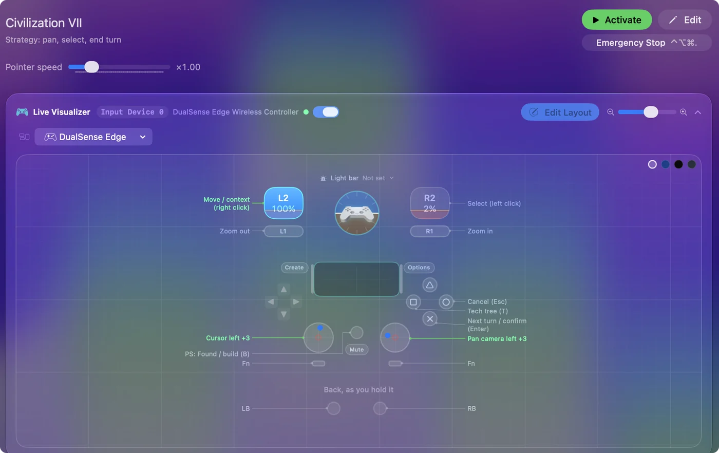 The Civilization VII preset in InputConfig, drawn on a DualSense Edge with each control labeled with the key or action it sends.