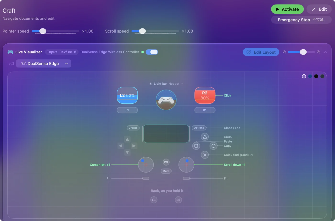 The Craft preset in InputConfig, drawn on a DualSense Edge with each control labeled with the key or action it sends.
