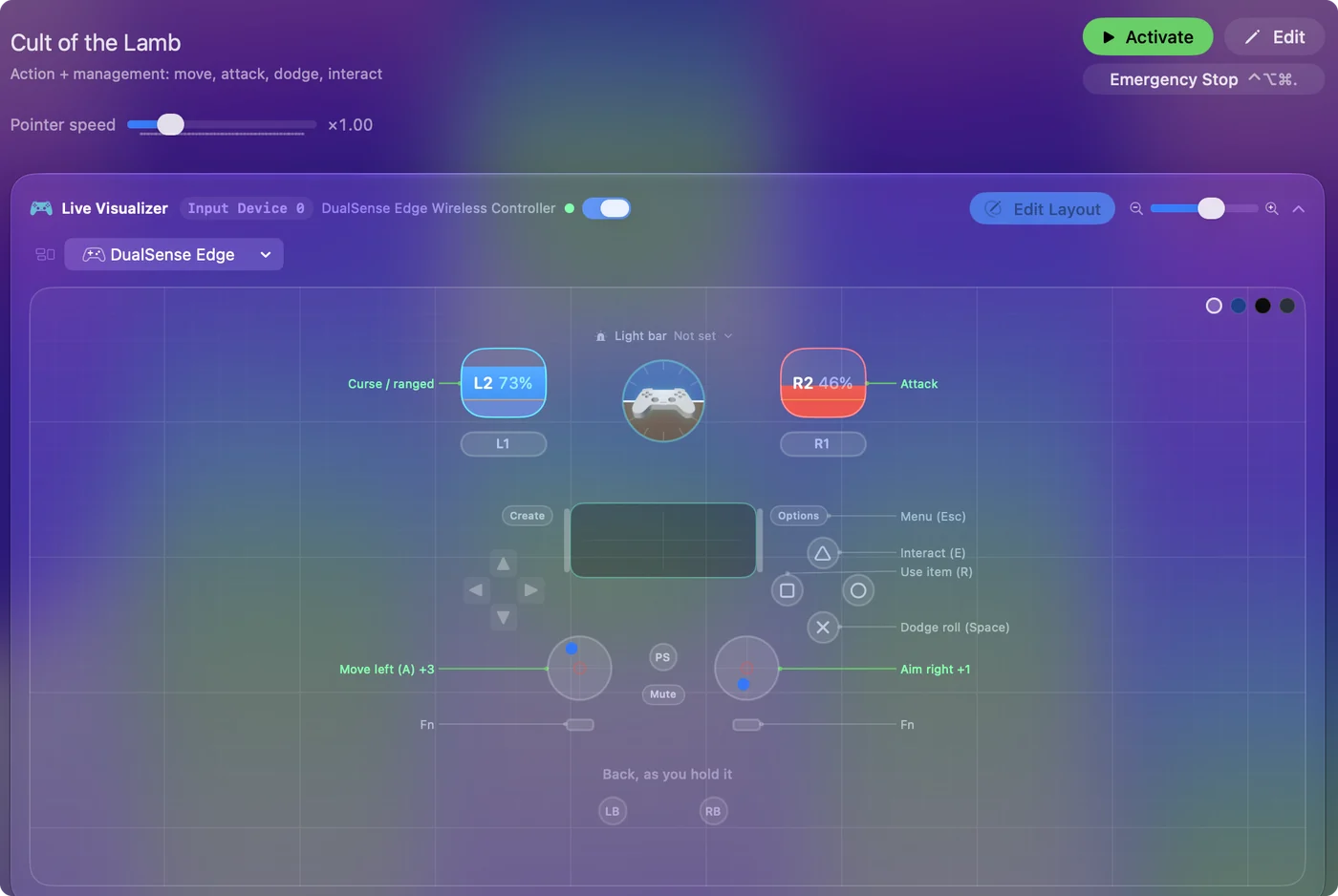 The Cult of the Lamb preset in InputConfig, drawn on a DualSense Edge with each control labeled with the key or action it sends.