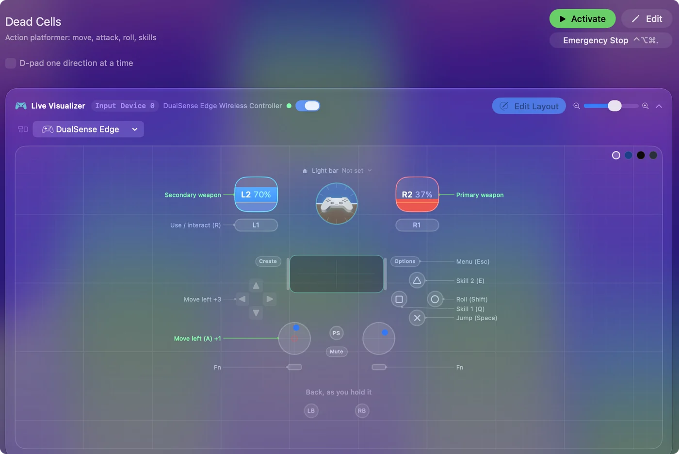 The Dead Cells preset in InputConfig, drawn on a DualSense Edge with each control labeled with the key or action it sends.