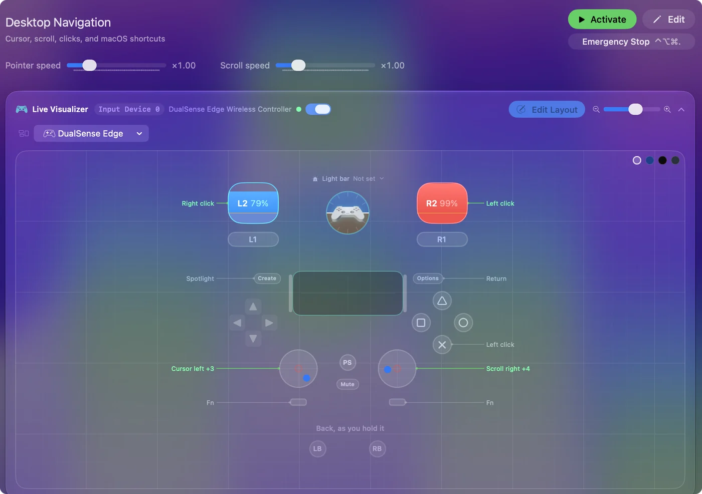 The Desktop Navigation preset in InputConfig, drawn on a DualSense Edge with each control labeled with the key or action it sends.