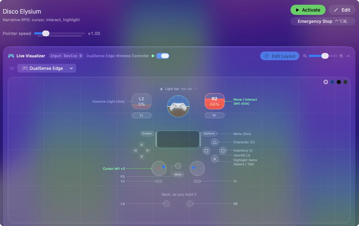 The Disco Elysium preset in InputConfig, drawn on a DualSense Edge with each control labeled with the key or action it sends.