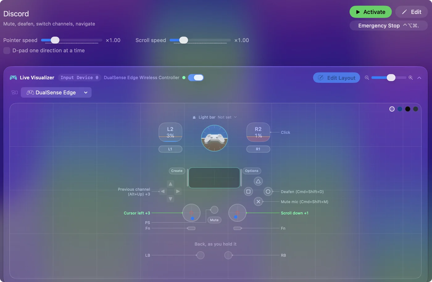 The Discord preset in InputConfig, drawn on a DualSense Edge with each control labeled with the key or action it sends.