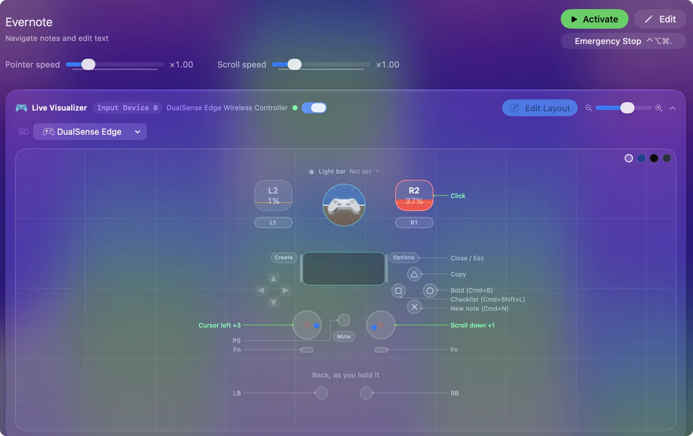 The Evernote preset in InputConfig, drawn on a DualSense Edge with each control labeled with the key or action it sends.
