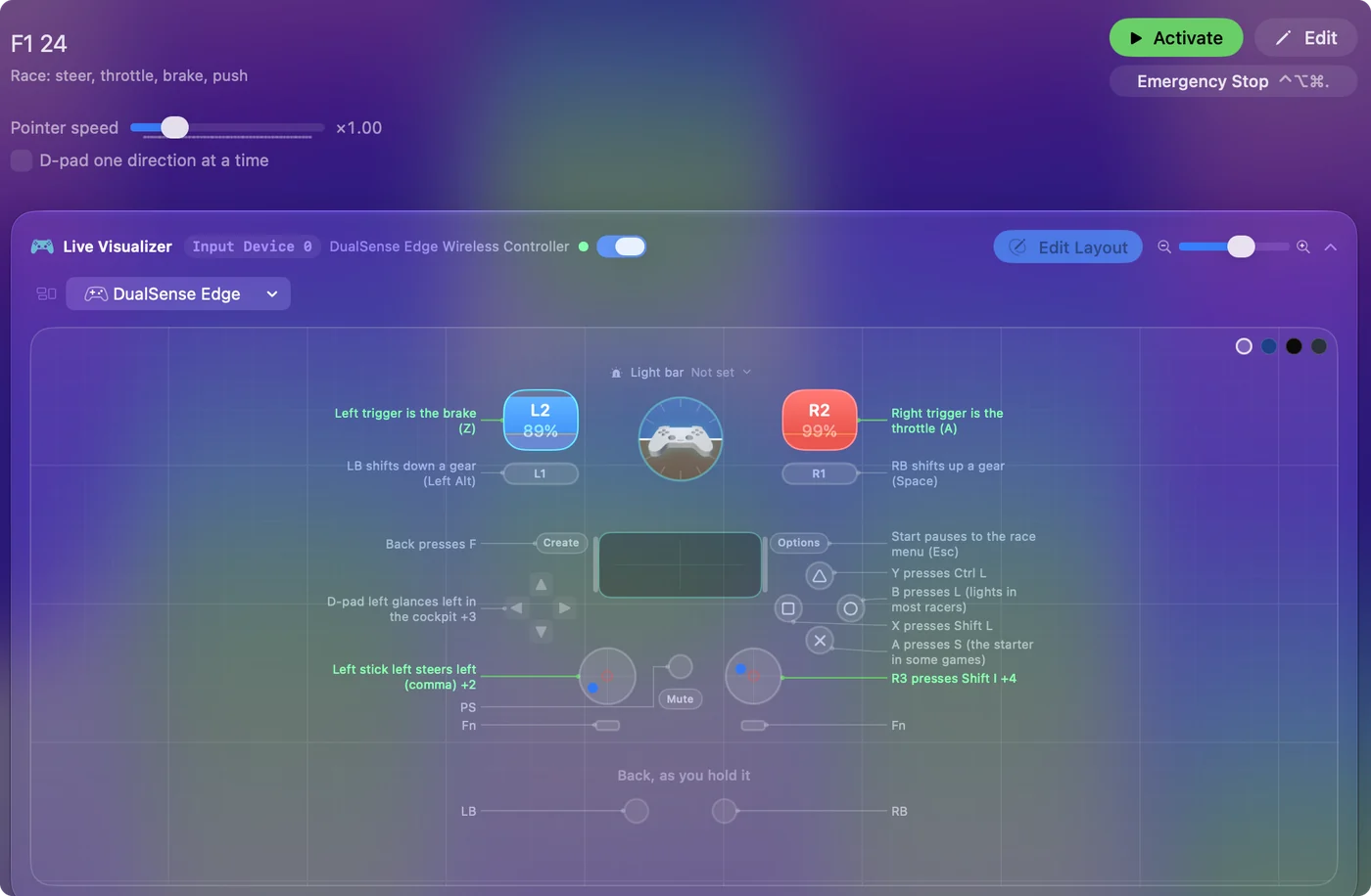 The F1 24 preset in InputConfig, drawn on a DualSense Edge with each control labeled with the key or action it sends.