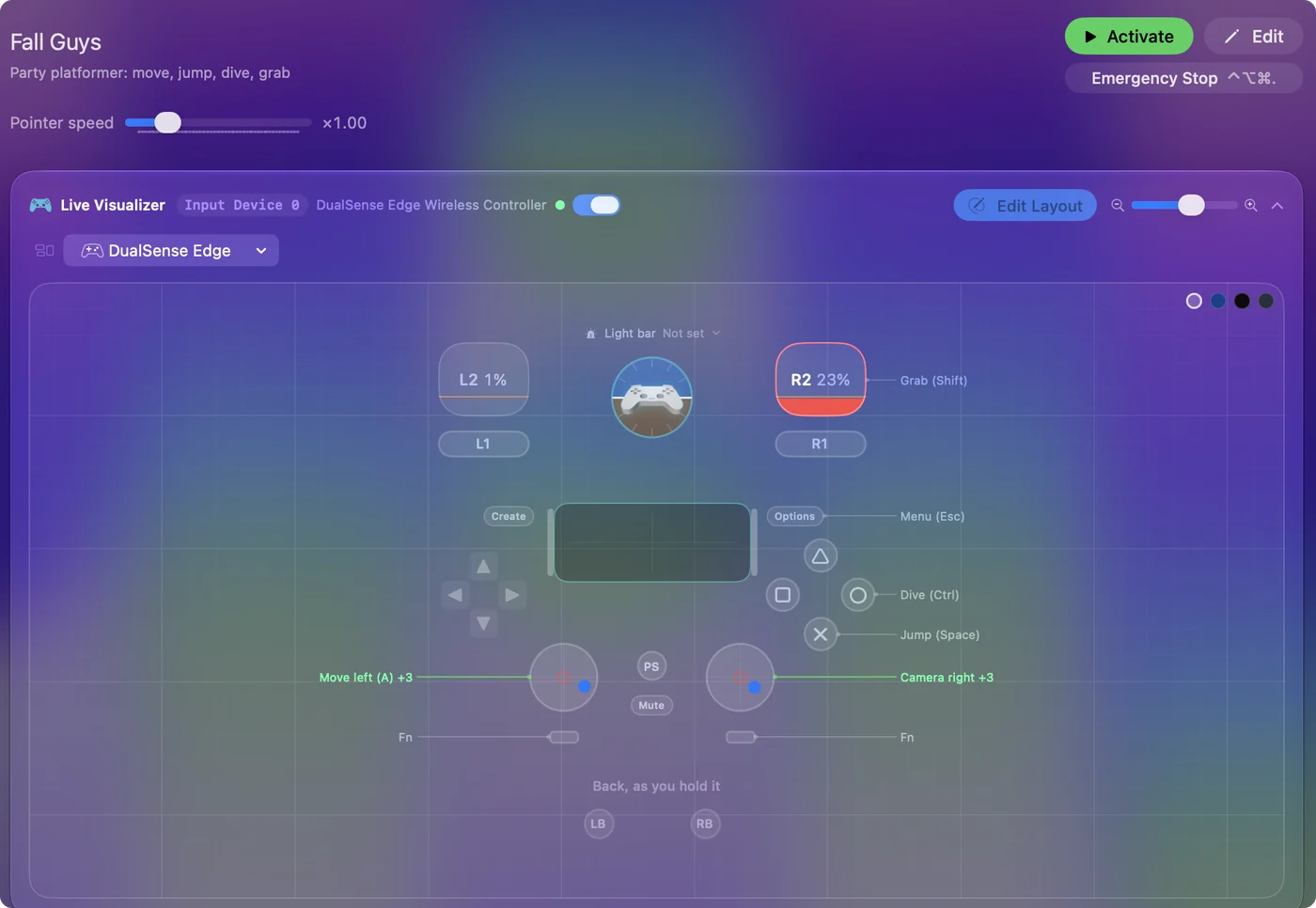 The Fall Guys preset in InputConfig, drawn on a DualSense Edge with each control labeled with the key or action it sends.