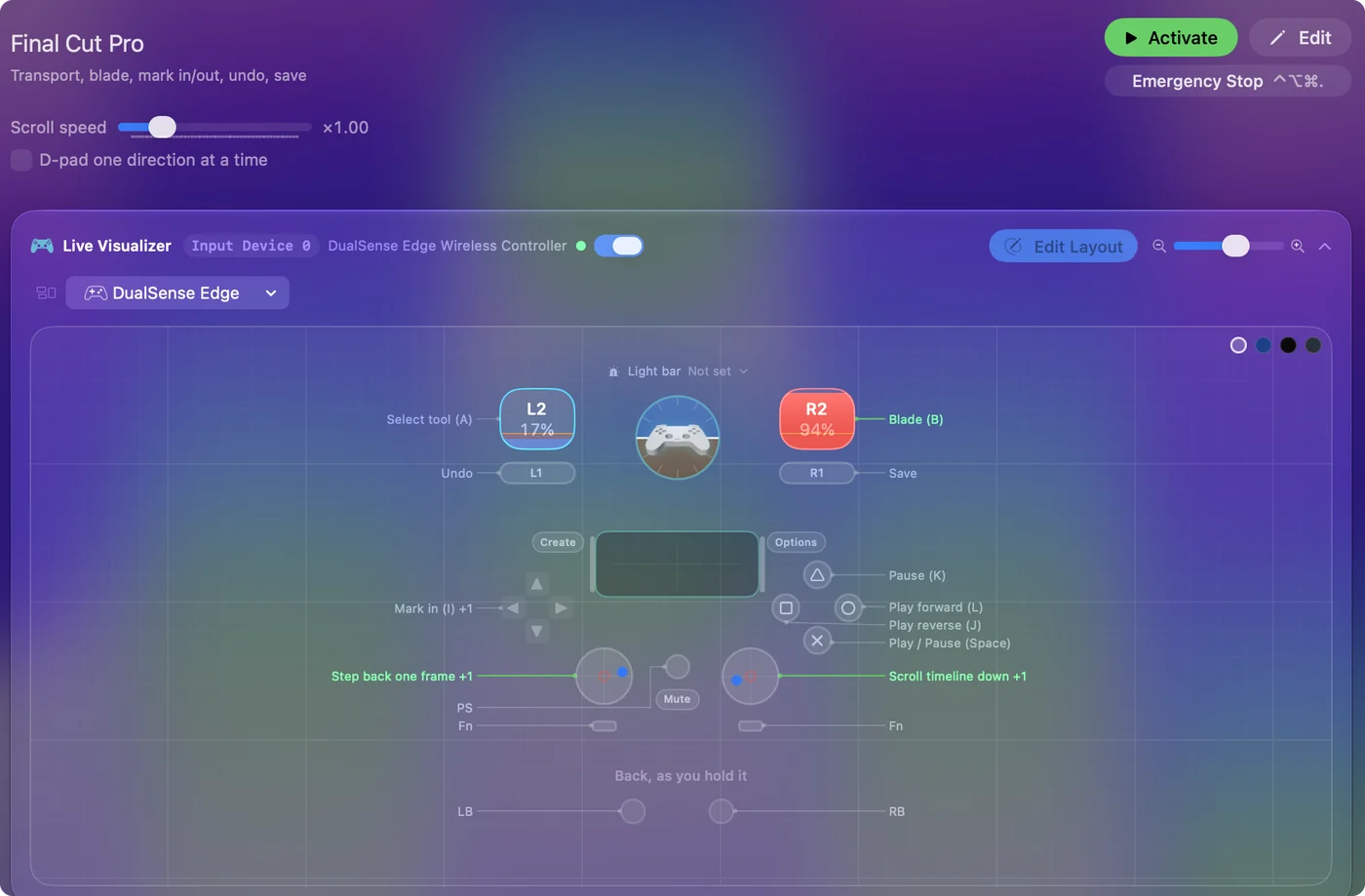 The Final Cut Pro preset in InputConfig, drawn on a DualSense Edge with each control labeled with the key or action it sends.