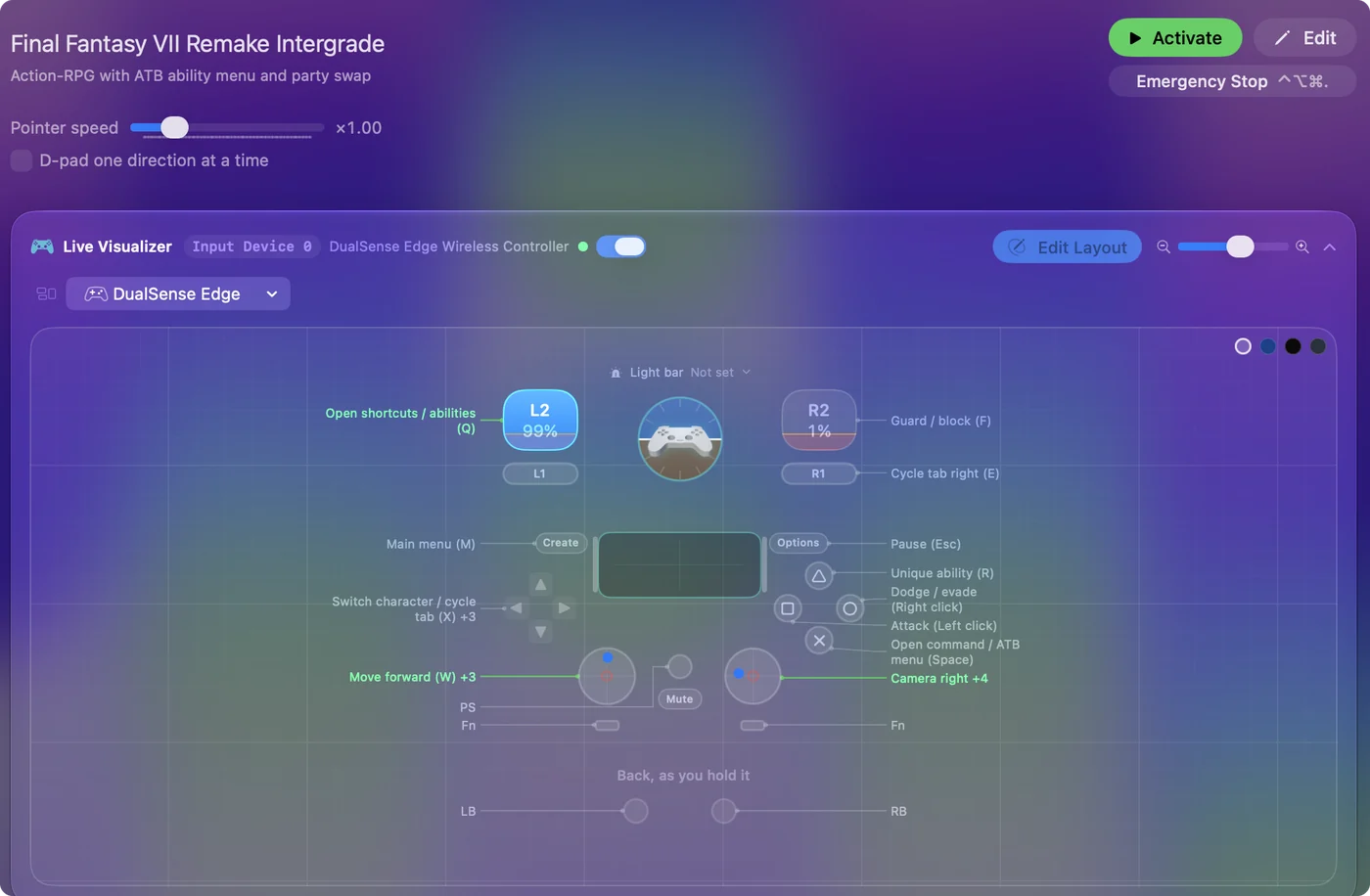 The Final Fantasy VII Remake Intergrade preset in InputConfig, drawn on a DualSense Edge with each control labeled with the key or action it sends.