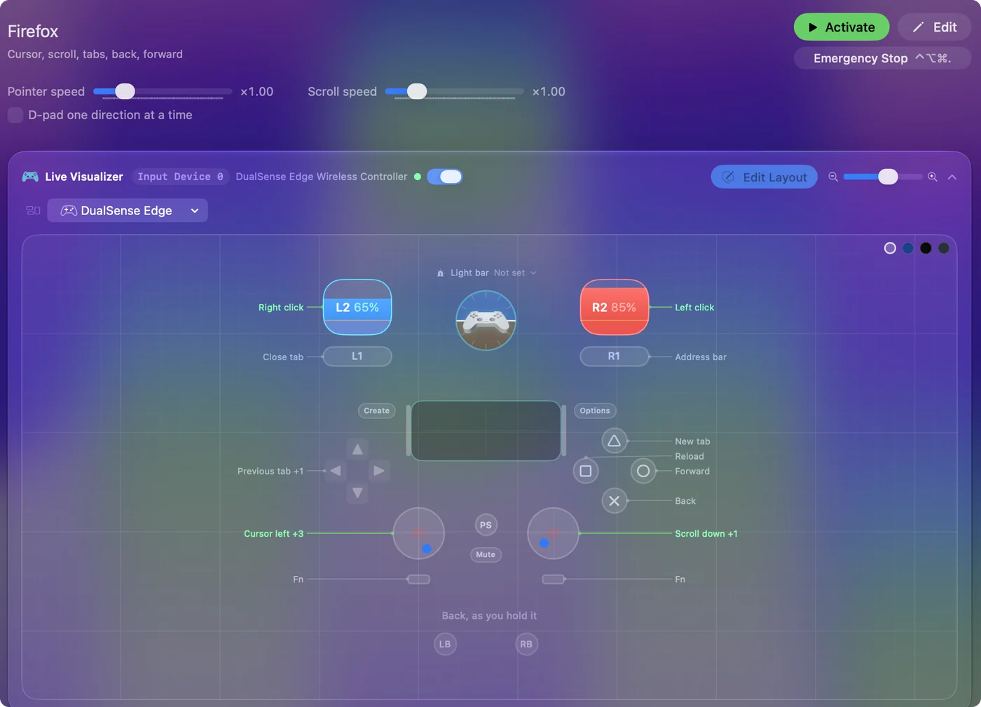 The Firefox preset in InputConfig, drawn on a DualSense Edge with each control labeled with the key or action it sends.