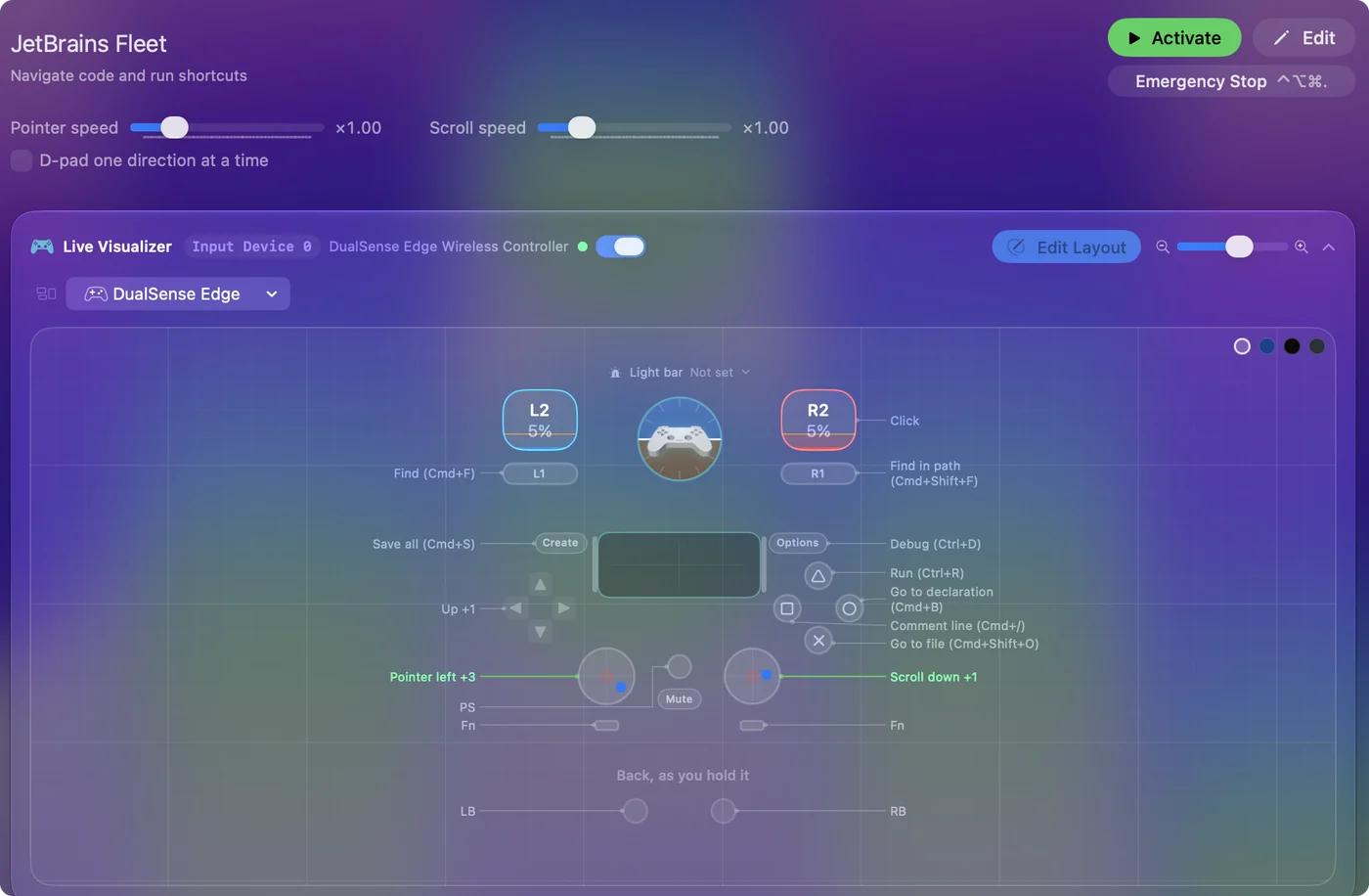 The JetBrains Fleet preset in InputConfig, drawn on a DualSense Edge with each control labeled with the key or action it sends.