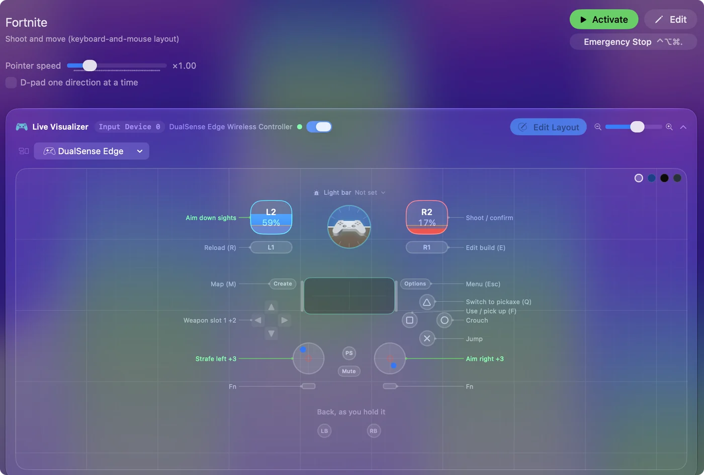 The Fortnite preset in InputConfig, drawn on a DualSense Edge with each control labeled with the key or action it sends.