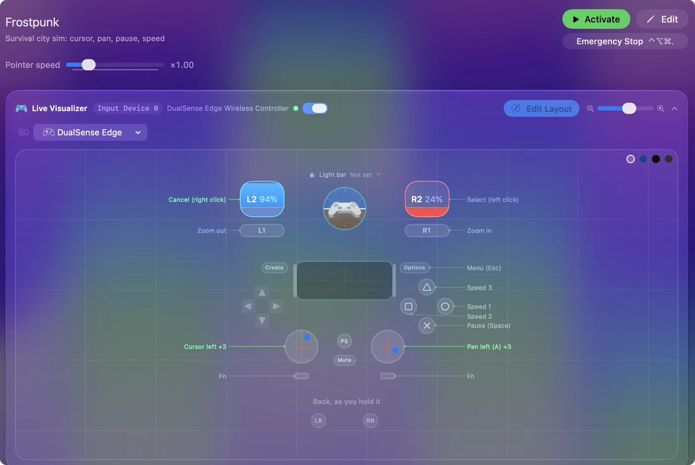 The Frostpunk preset in InputConfig, drawn on a DualSense Edge with each control labeled with the key or action it sends.