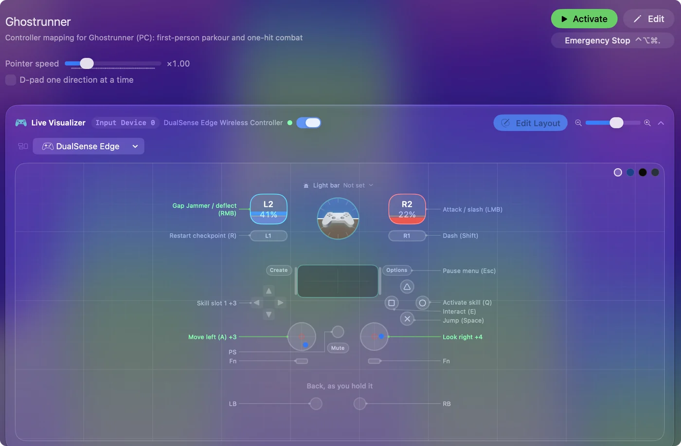 The Ghostrunner preset in InputConfig, drawn on a DualSense Edge with each control labeled with the key or action it sends.