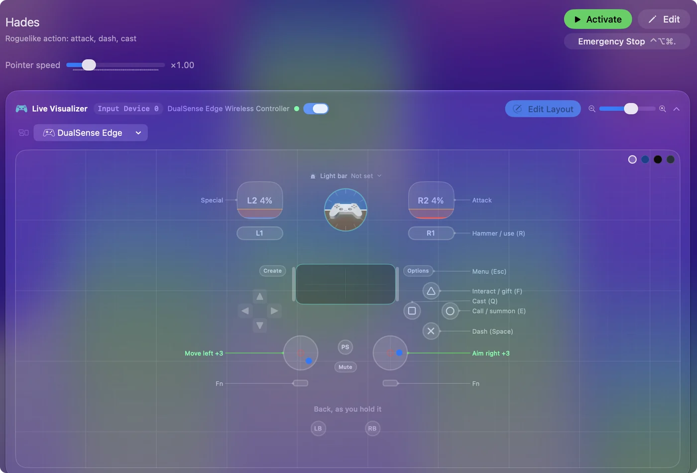 The Hades preset in InputConfig, drawn on a DualSense Edge with each control labeled with the key or action it sends.