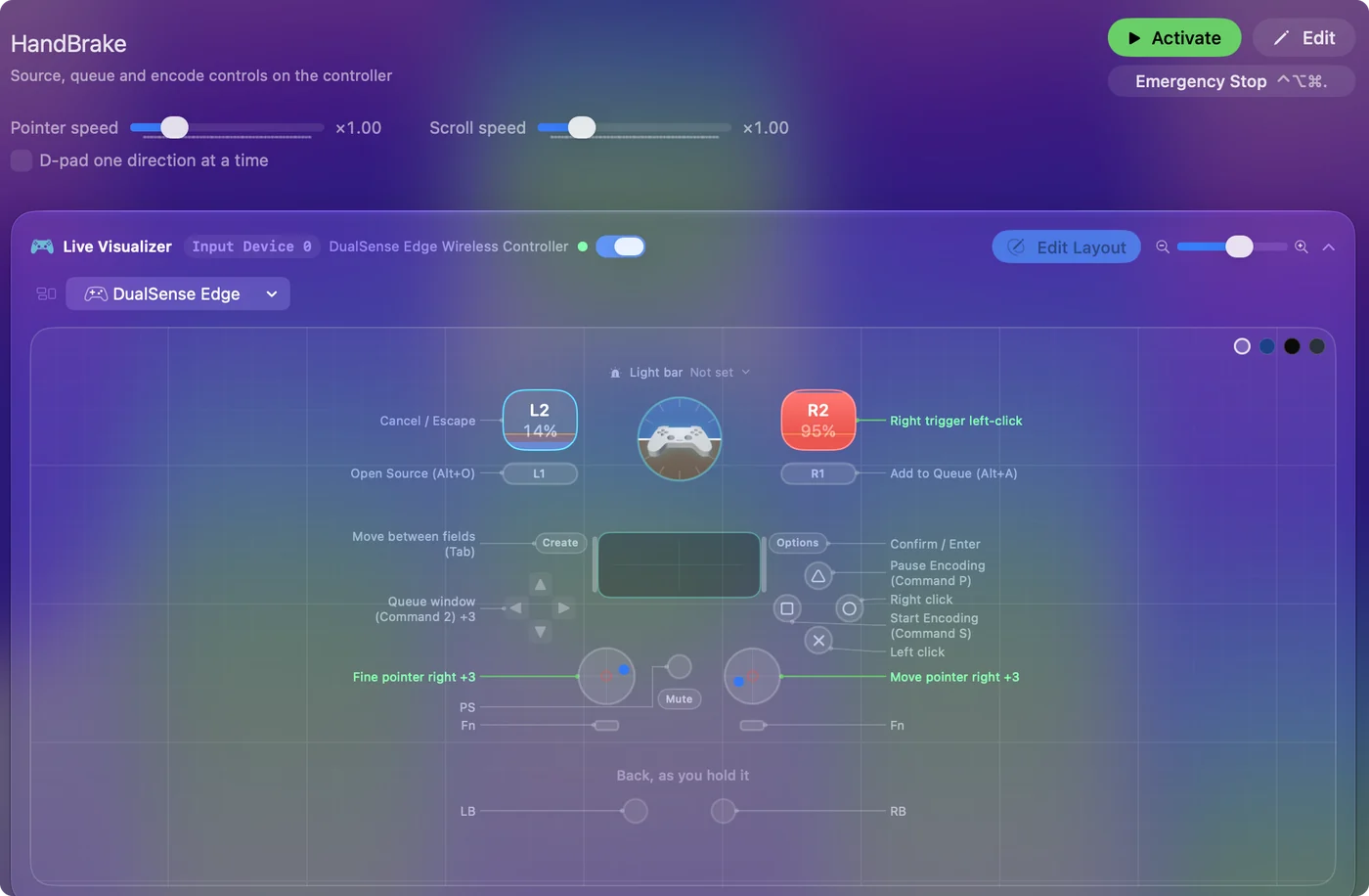 The HandBrake preset in InputConfig, drawn on a DualSense Edge with each control labeled with the key or action it sends.