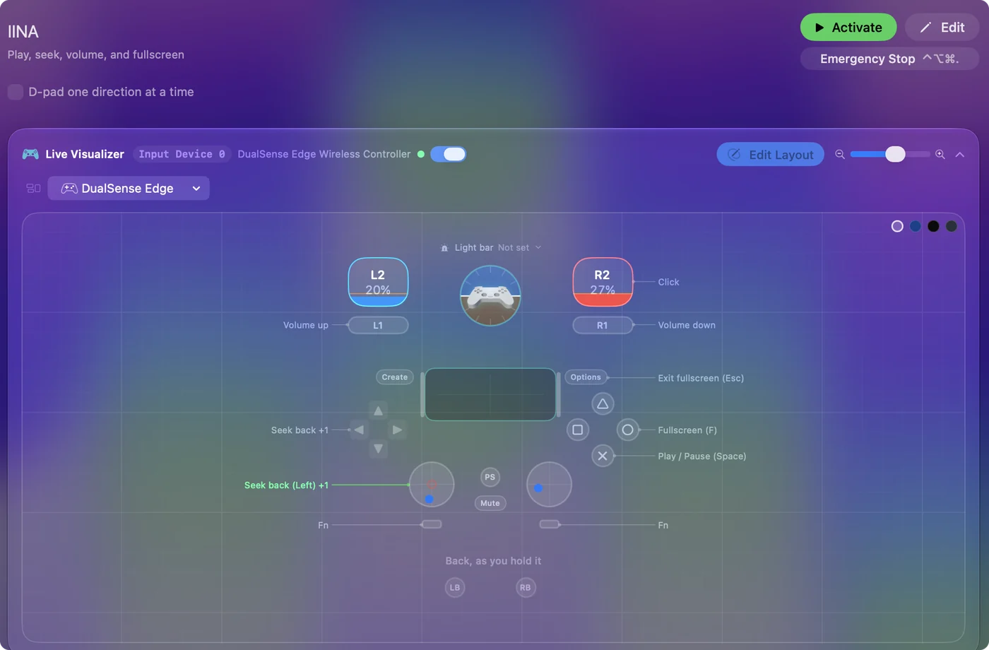 The IINA preset in InputConfig, drawn on a DualSense Edge with each control labeled with the key or action it sends.