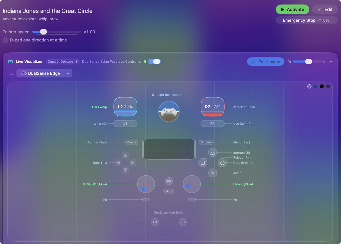 The Indiana Jones and the Great Circle preset in InputConfig, drawn on a DualSense Edge with each control labeled with the key or action it sends.