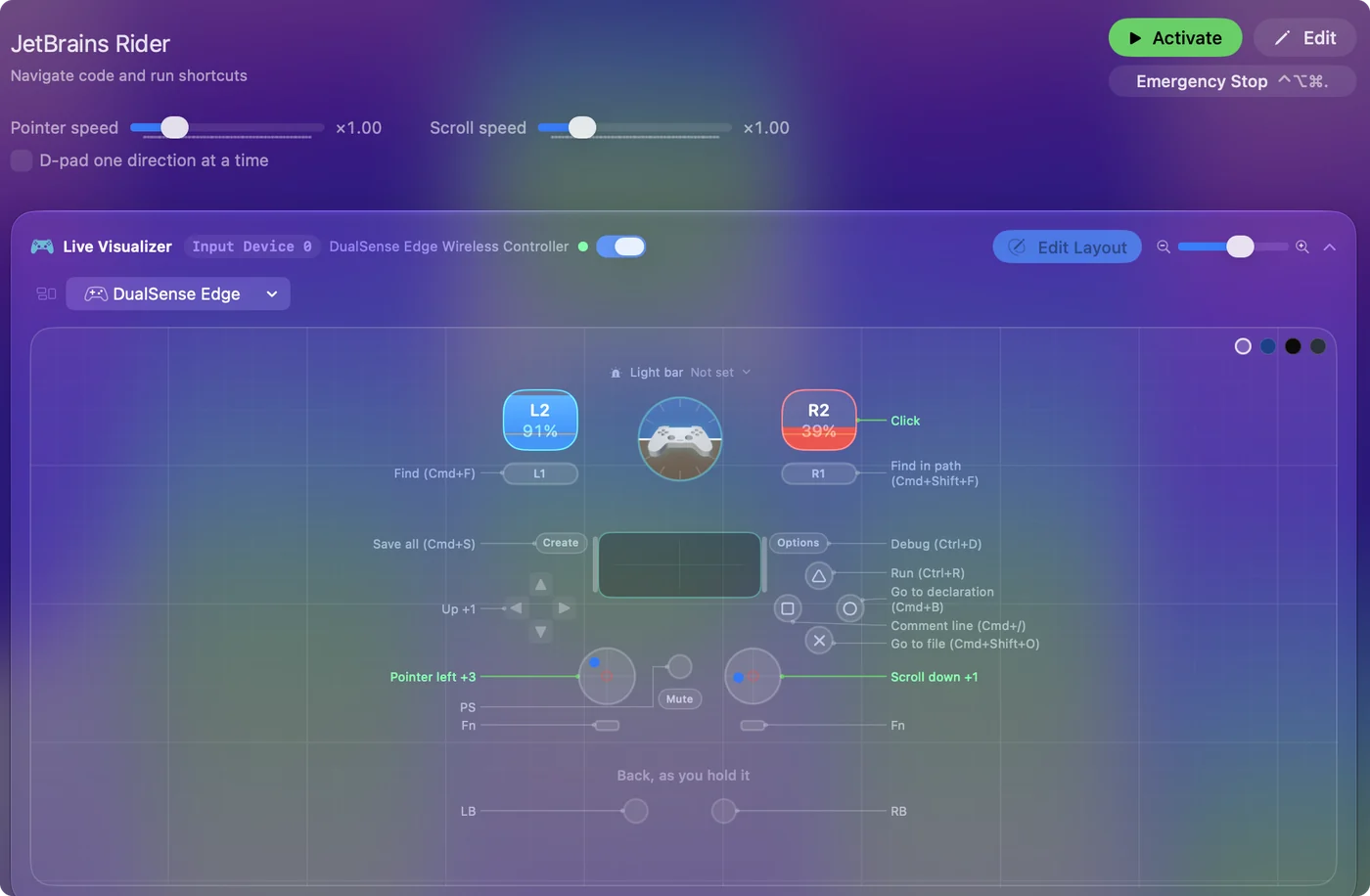 The JetBrains Rider preset in InputConfig, drawn on a DualSense Edge with each control labeled with the key or action it sends.