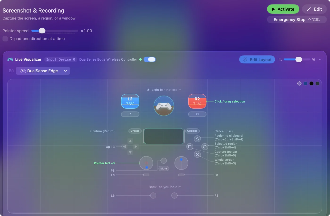 The Screenshot & Recording preset in InputConfig, drawn on a DualSense Edge with each control labeled with the key or action it sends.